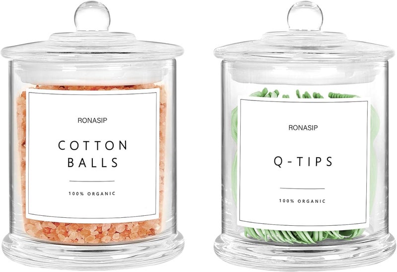 Ronasip Qtip Holder & Cotton Pad Dispenser, Bathroom Organizer and Storage Canisters, 16oz Glass Apothecary Jars for Kitchen, Restroom - Home Decor, Room Decor Aesthetic (2 Pack, Transparent) - Image 1